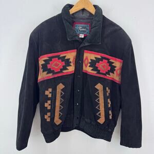 Vintage Echo Mountain Black Suede Leather Bomber Jacket Aztec Southwest Cowboy L